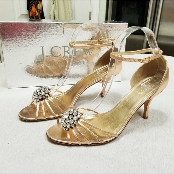 J. Crew Heels Sabine Pave Crystal Sandals Ankle Bluckle Rose Gold Metallic 8 - Picture 1 of 11